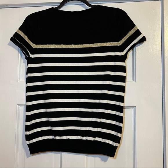 #84 LAUREN RALPH LAUREN BLACK AND WHITE STRIPED TOP W. GOLD ACCENTS LARGE - Picture 2 of 5